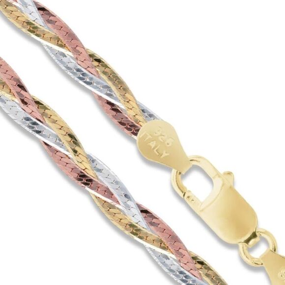 Fine Italian 18k 925 Tri-Color Herringbone Braided Necklace - Picture 8 of 8